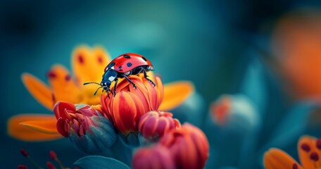 an insect on a flower with dark blue background Generative AI