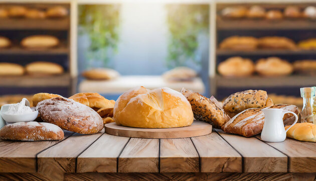 Variety of fresh bread on wooden table in bakery. Bakery background. copy space for your text and logo