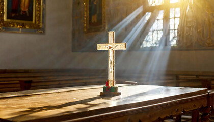 A wooden cross on a wooden table in a medieval church, sun rays ethereally behind it. Copy space for your text