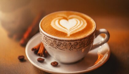 Coffee Latte with a Heart Pattern . brown background.