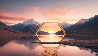 Gordijnen 3d render, surreal panoramic background. Abstract minimal wallpaper of fantastic sunset landscape with golden metallic hexagon frame, hills and reflection in the water © Random_Mentalist