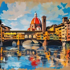 Cercles muraux Ponte Vecchio Dreamlike painting of Ponte Vecchio over the Arno river with red dome in Florence, Italy.