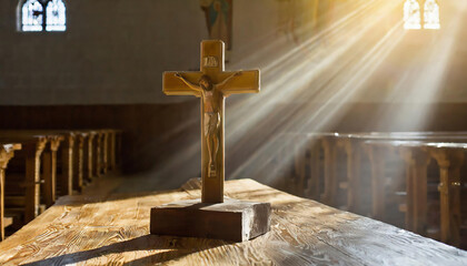 A wooden cross on a wooden table in a medieval church, sun rays ethereally behind it. Copy space for your text - obrazy, fototapety, plakaty