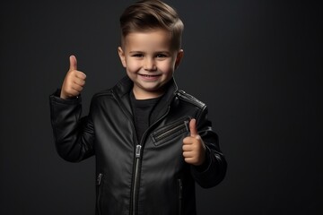 Cute little boy in leather jacket showing thumbs up gesture on dark background