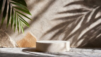 Podium with tropical palm leaf shadow on natural stone wall.