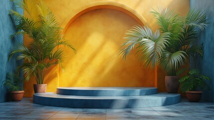 3d render mockup podium stand table shelf. Blue yellow abstract background. Palm tree leaf shadow. Nature. Yellow blue. Design beauty product cosmetics. Wall stage room studio. Design concept. Creativ