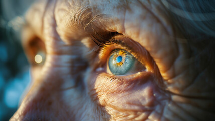In this compelling close-up, the reflection of a vibrant landscape is captured within the eye of an elderly person, serving as a poignant symbol of the profound depth of life's experiences.