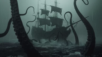 Wall murals Shipwreck Giant tentacles from an aggressive unknown sea creature attack an old wooden ship