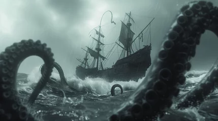 Zelfklevend Fotobehang Giant tentacles from an aggressive unknown sea creature attack an old wooden ship © Rajko