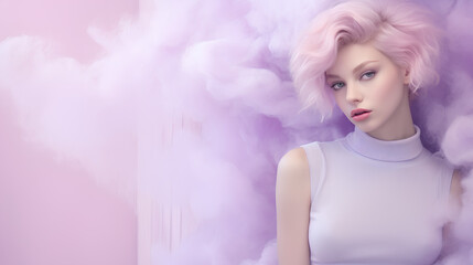 Serene Pink-Haired Woman in Dreamy Clouds with Copy Space