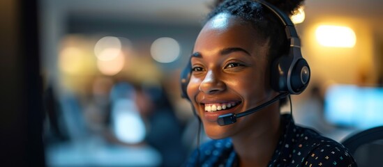 A cheerful black woman operates a call center, providing internet-based customer support and utilizing a computer for CRM telemarketing, all while maintaining a friendly demeanor.