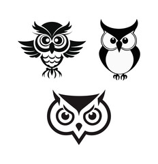 A set of iconic illustrations of cute owls facing forward, this nocturnal bird silhouette vector is a flight design minimalistic style isolated on white background.