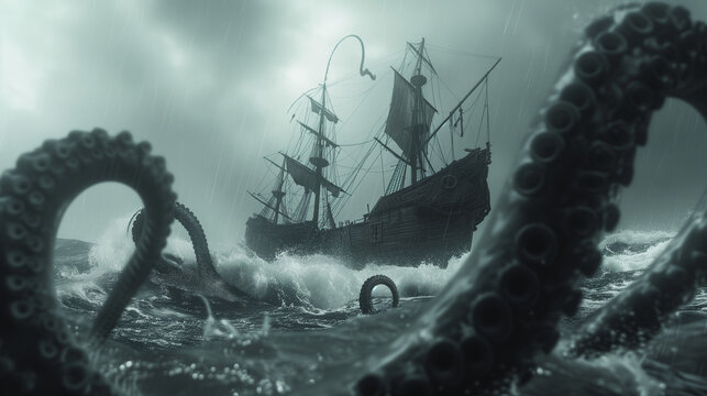 Giant tentacles from an aggressive unknown sea creature attack an old wooden ship
