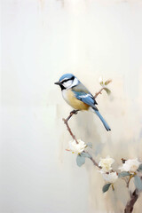 Digital art in mix media style, A blue tit on a apple tree branch surrounded by blossom