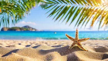Fototapeta na wymiar Frame sand with blurred Palm and tropical beach bokeh background.