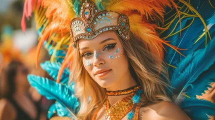 Papier Peint photo Carnaval A young woman dressed as a carnival with feathers has fun generative ai