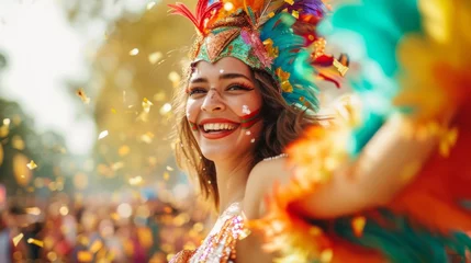 Crédence de cuisine en verre imprimé Carnaval A young woman dressed as a carnival with feathers has fun generative ai