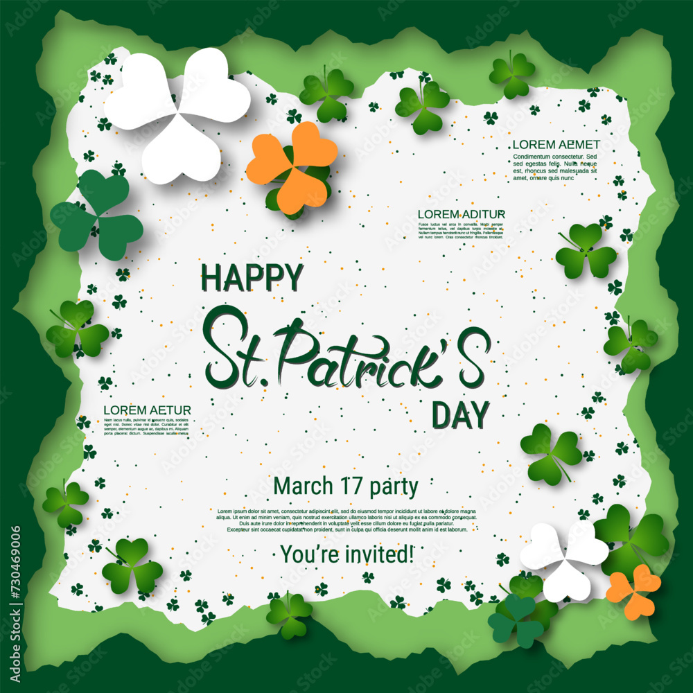 Poster st.patrick's day vector illustration. green-white background with colorful clover leaves and design 