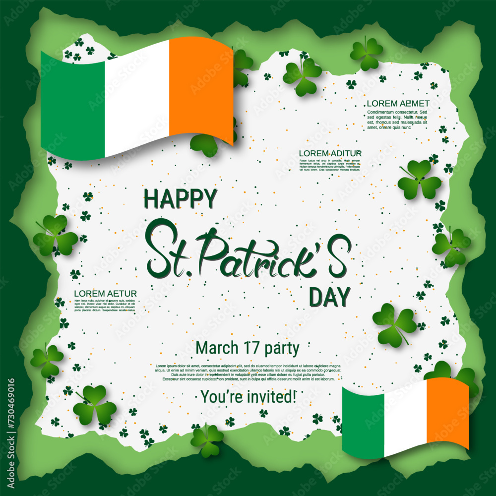 Poster st.patrick's day vector illustration. green-white background with colorful clover leaves and design 