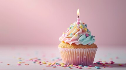 Adorable cupcake featuring a pastel-colored frosting palette and a single candle generative ai