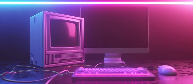 Rendering 3d old desktop computer with Keyboard and Mouse in Neon Lightning background. AI generated