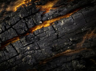 Burnt wood texture background, wide banner of charred black timber.