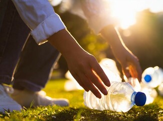 A person collects plastic waste, including bottles, in a park close-up