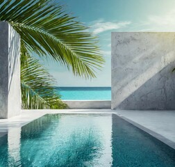 Fototapeta premium Tropical summer background with concrete wall, pool water and palm leaf shadow. Luxury hotel