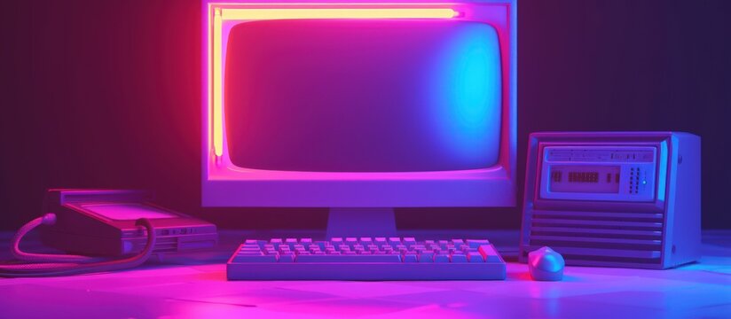 Rendering 3d old desktop computer with Keyboard and Mouse in Neon Lightning background. AI generated