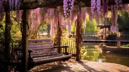 Fototapeta na wymiar Wisteria over bench in park next to pond