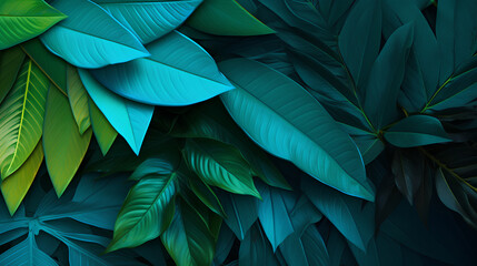 Blue green leaf surface on dark leaf, closeup abstract green big tropical leaves natural texture, large palm foliage, fresh wallpaper.