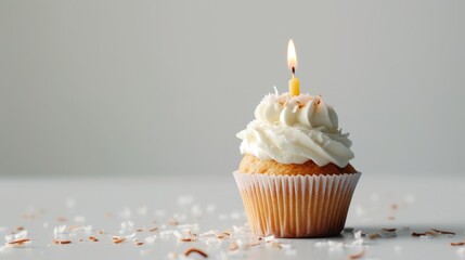 cupcake with coconut frosting and a single candle generative ai