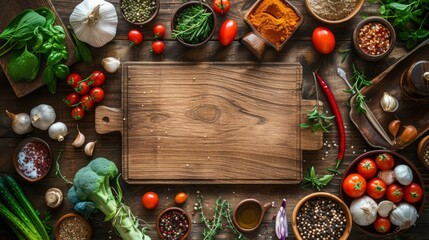 Obraz na płótnie Canvas Food cooking background, ingredients for preparation vegan dishes, vegetables, roots, spices, mushrooms and herbs. Old cutting board. Healthy food concept - generative ai