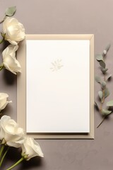 beige theme white card mockup with envelope and flower