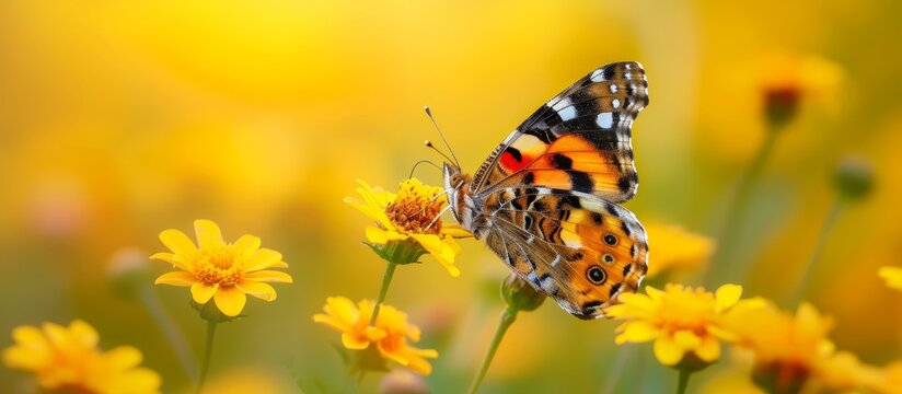 Springtime scene with closed-wing Painted Lady Butterfly on plant stem among yellow flowers in the backdrop.