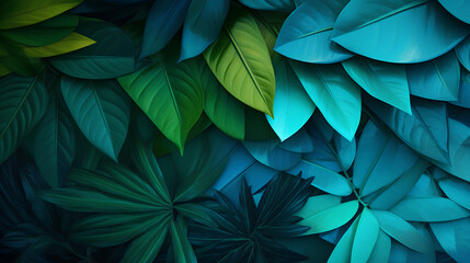 Blue green leaf surface on dark leaf, closeup abstract green big tropical leaves natural texture, large palm foliage, fresh wallpaper.