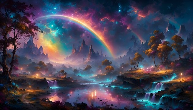 AI generated illustration of a stunning blue-toned depiction of a moonbow or rainbow