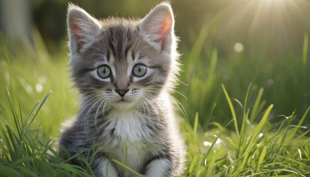 Cute kitten sitting in grass, looking at camera