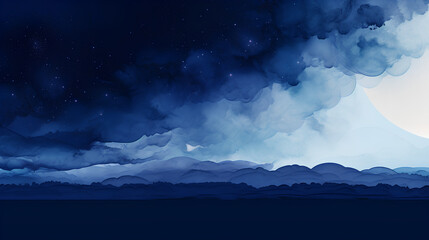 Majestic night sky with full moon over layered mountain silhouette