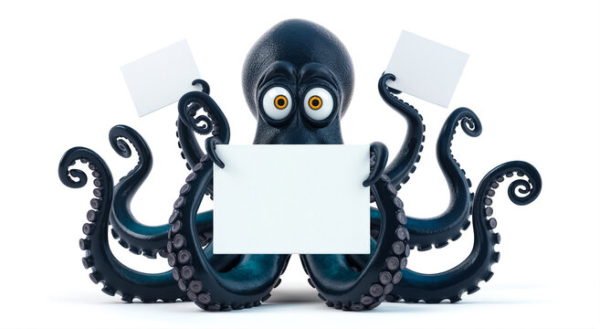 un poulpe noir tient 3 pancartes blanches vierges - fond blanc