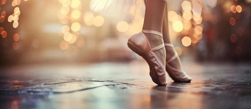 Close up beautiful legs of dancer in pointe on the floor blur background. AI generated image