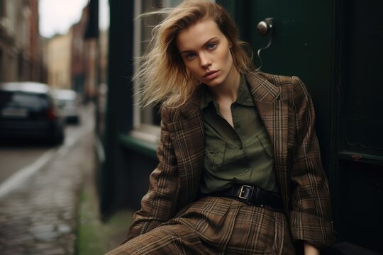Portrait of elegant woman wearing vintage costume. Girl walking outside, stylish look in retro style for autumn or spring season. Preppy fashion