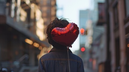 Obraz premium Boy holding a heart shaped balloon in the city generative ai