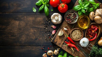 Food cooking background, ingredients for preparation vegan dishes, vegetables, roots, spices, mushrooms and herbs. Old cutting board. Healthy food concept - generative ai - obrazy, fototapety, plakaty
