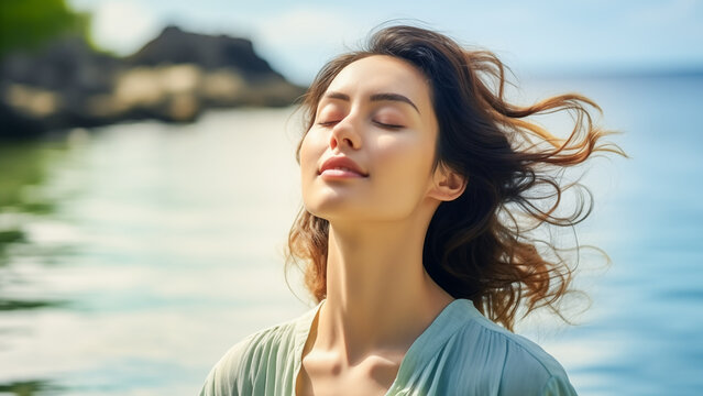 Woman, breathing, relaxation and inner peace outdoors