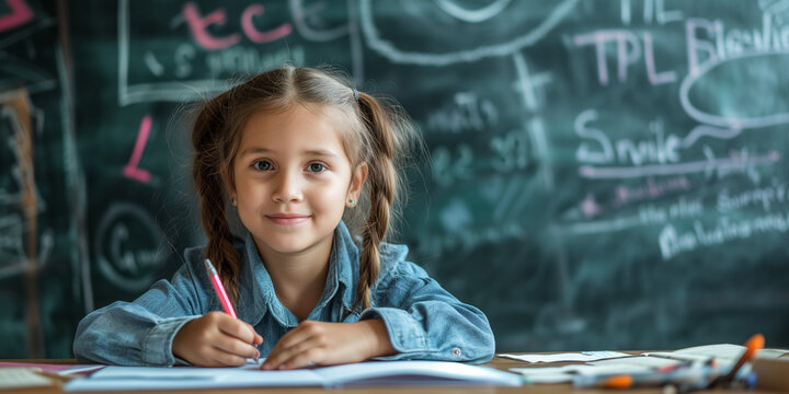 Beautyful litle girl sittin listening and looking at the camera at the school with blackboard background big blue eyes, classroom