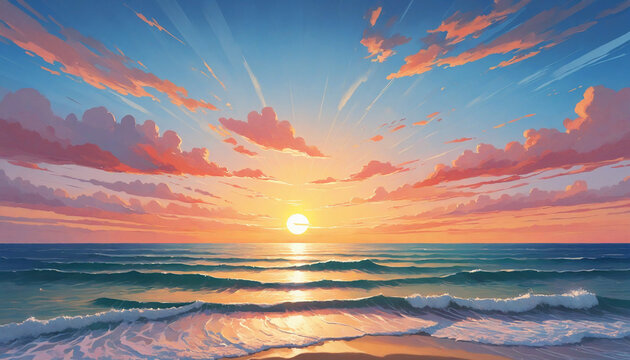 Sunset over sea art illustration, beautiful pastel colors painting