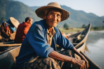 Traditional asian fisherman or sailor on the ship in the fishing harbor. Happy smiling male Vietnam fisher in port. Cultural fishing concept