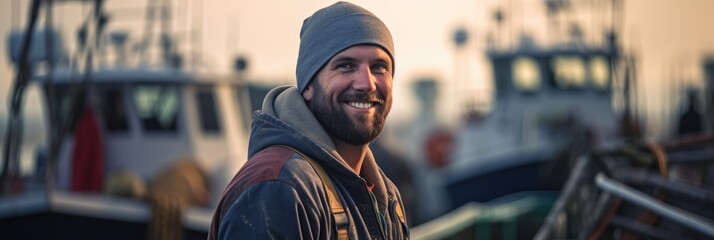 Professional industrial nordic fisherman or sailor on the ship in the fishing harbor. Happy smiling male fisher in scandinavian port. Commercial fishing concept