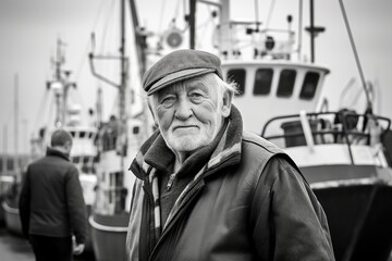 Professional industrial nordic fisherman or sailor on the ship in the fishing harbor. Happy smiling male fisher in scandinavian port. Commercial fishing concept